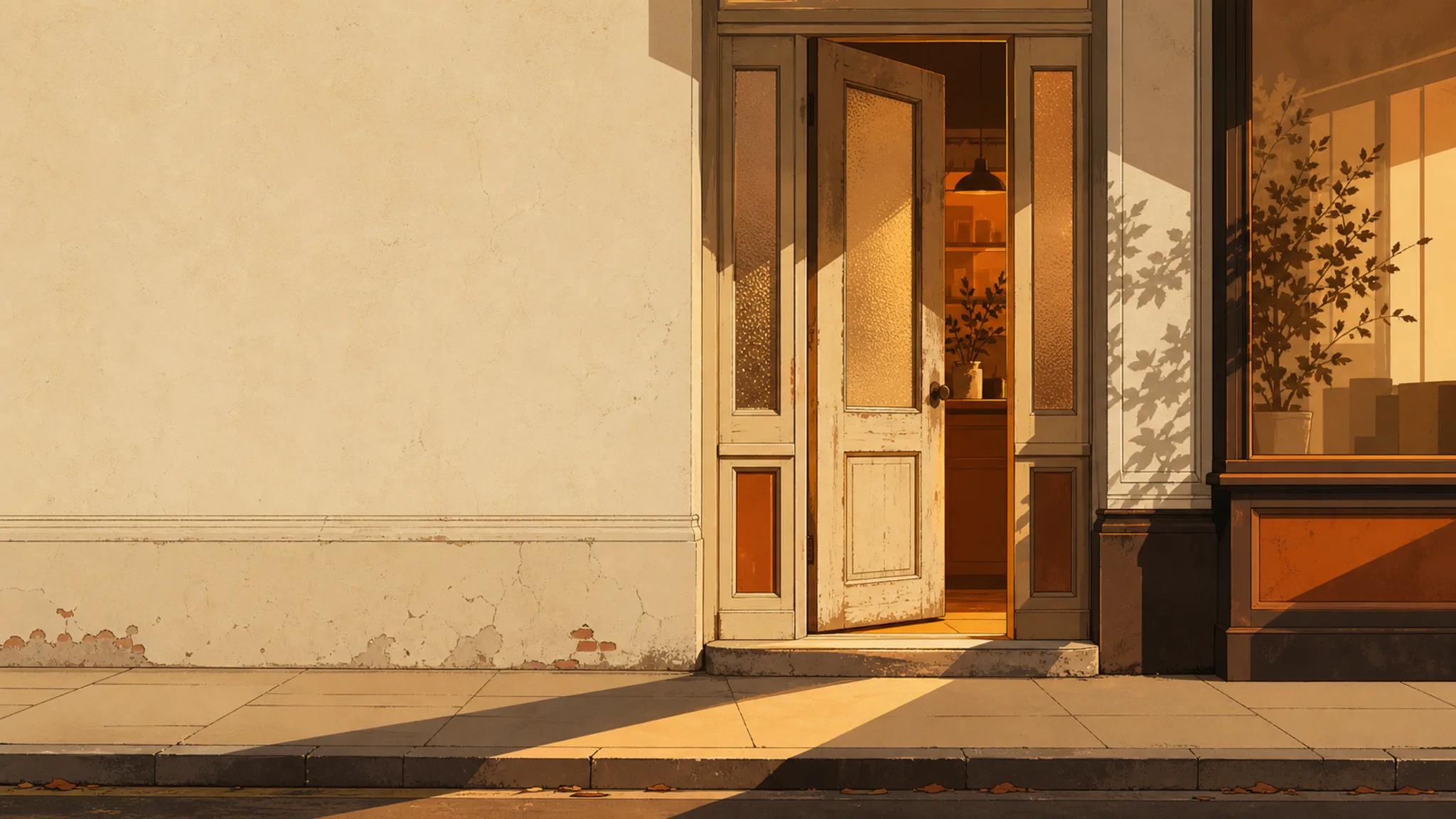 A weathered timber and frosted-glass shopfront door stands slightly open on a quiet Adelaide street at golden hour, warm light spilling onto the footpath.