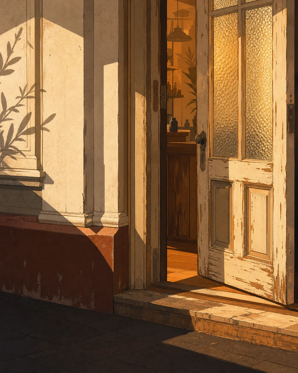 A warm timber shopfront door ajar onto golden Adelaide light, the cover image for Ohma's article on AI search.
