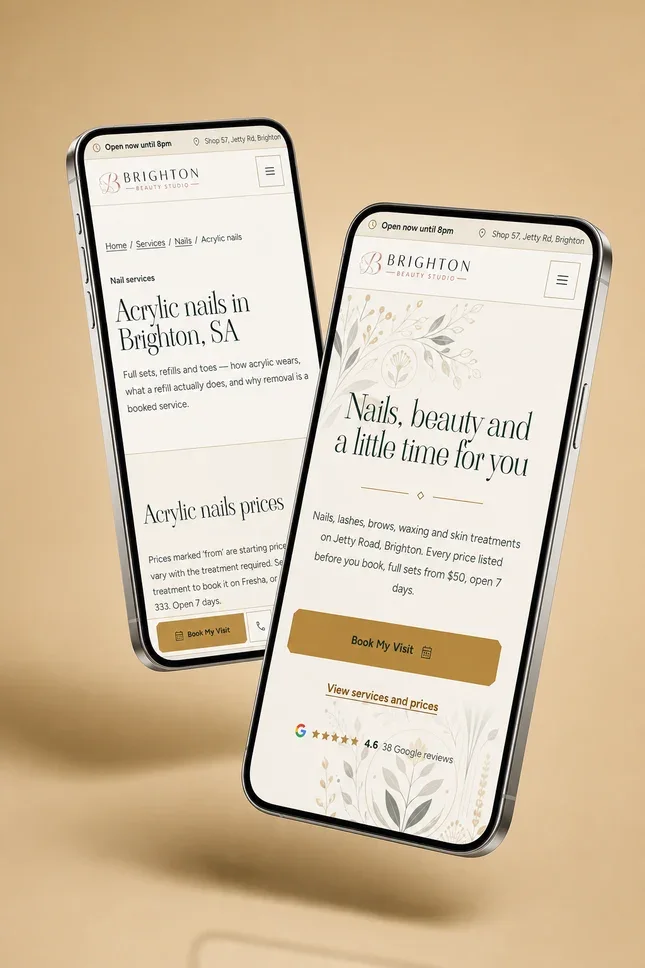 Brighton Beauty Studio mobile website shown on a pair of angled phones in a studio render