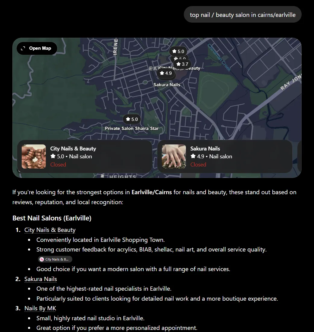 ChatGPT recommending City Nails & Beauty as the top nail salon in Earlville